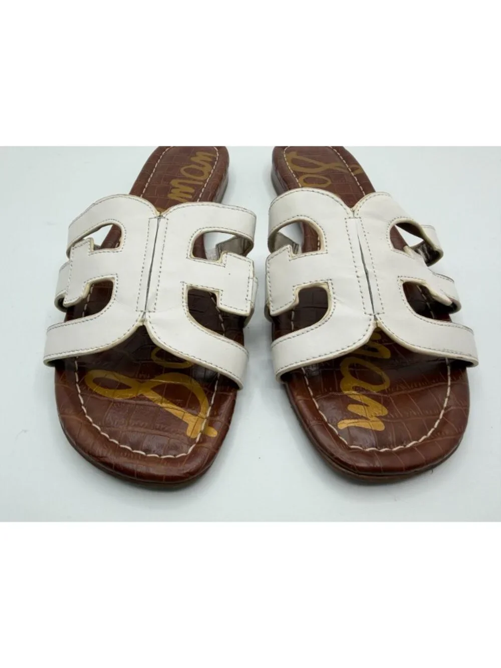 Sam Edelman Bay Slides Sandals White Leather Women Size 9M Cutout Logo Strap